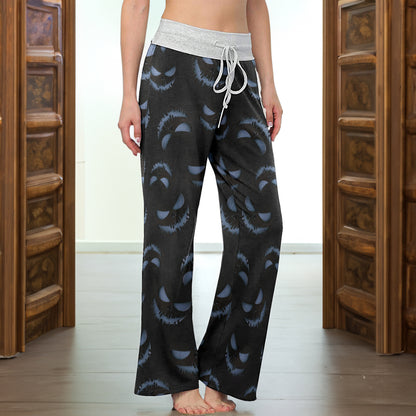 Dark Hollow Skull Pattern Women's High-waisted Wide Leg Pants