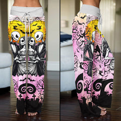 Pink Couple Nightmare Theme Women's High-waisted Wide Leg Pants | Wonder Skull