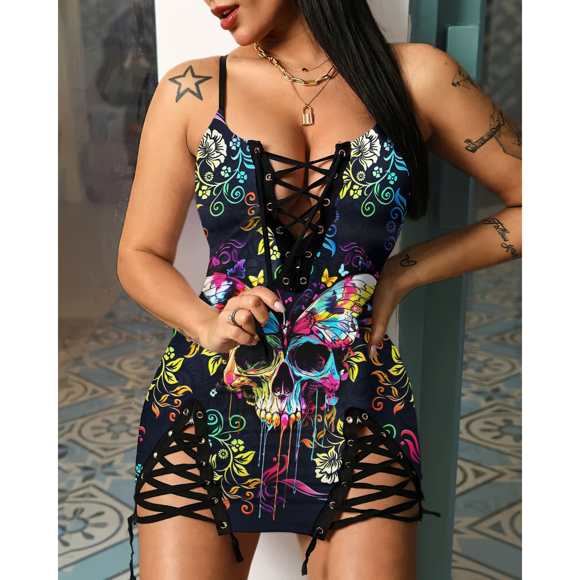 Hot Gothic Dress, Skull Women's Goth Style, Colorful Skull Butterfly Floral Outfit