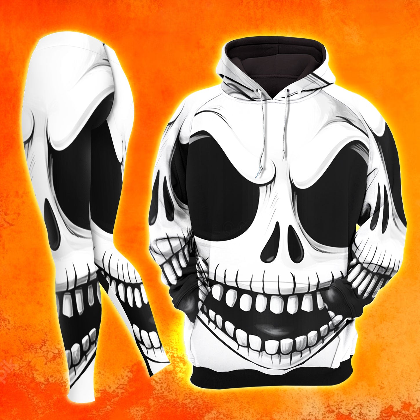 Nightmare Silver Art Combo Hoodie and Leggings - Dark and edgy matching set with skull designs for a unique and stylish look.
