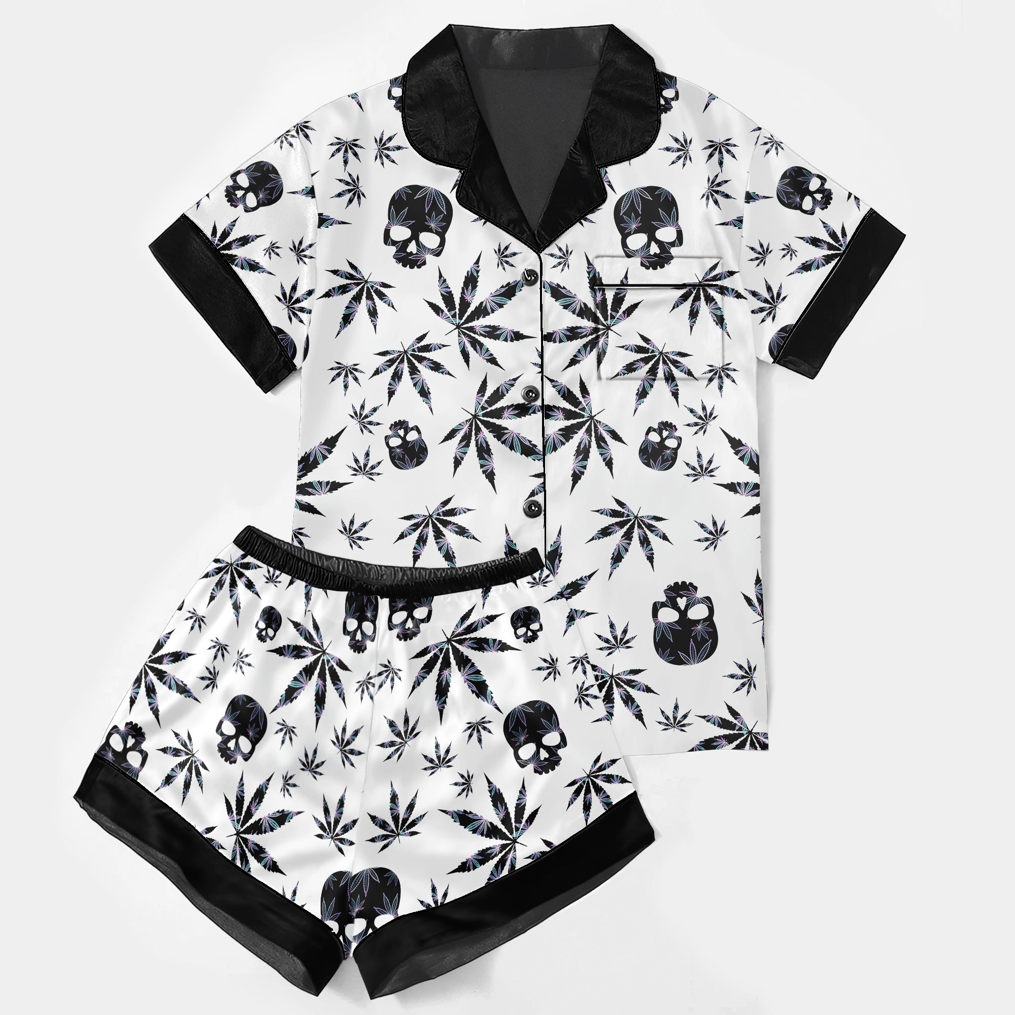 Black Skull Leaf Pattern Women's Pajama Sets Top Sleeve & Short Bottom
