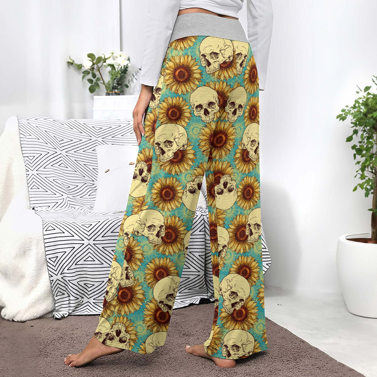 Floral Skulls Aesthetic Women's High-waisted Wide Leg Pants