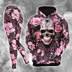 Black Pink Skull Lace Combo Hoodie and Leggings - Dark and edgy matching set with skull designs for a unique and stylish look.