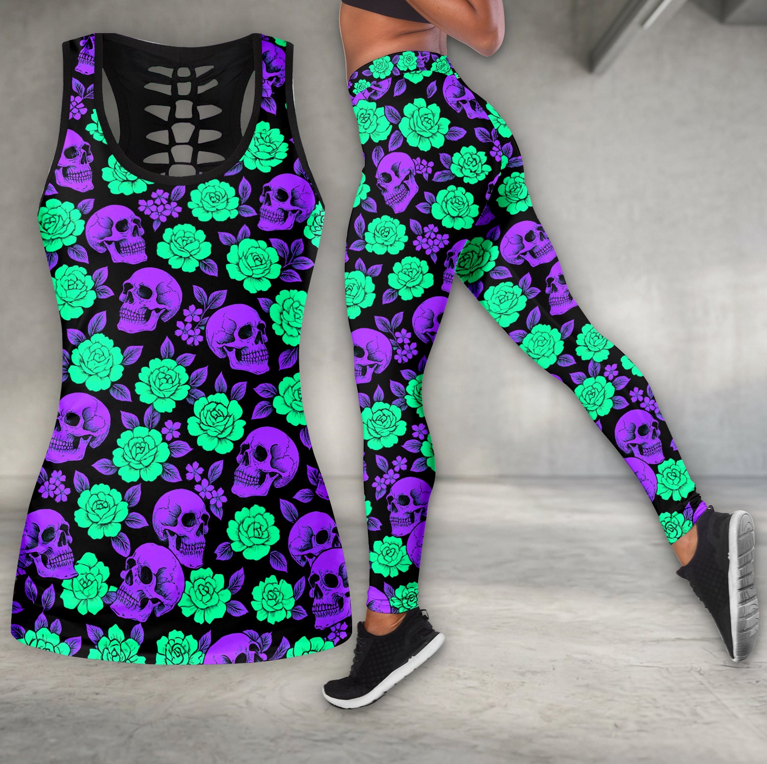 Deep Purple Skulls Pattern Tanktop and Leggings