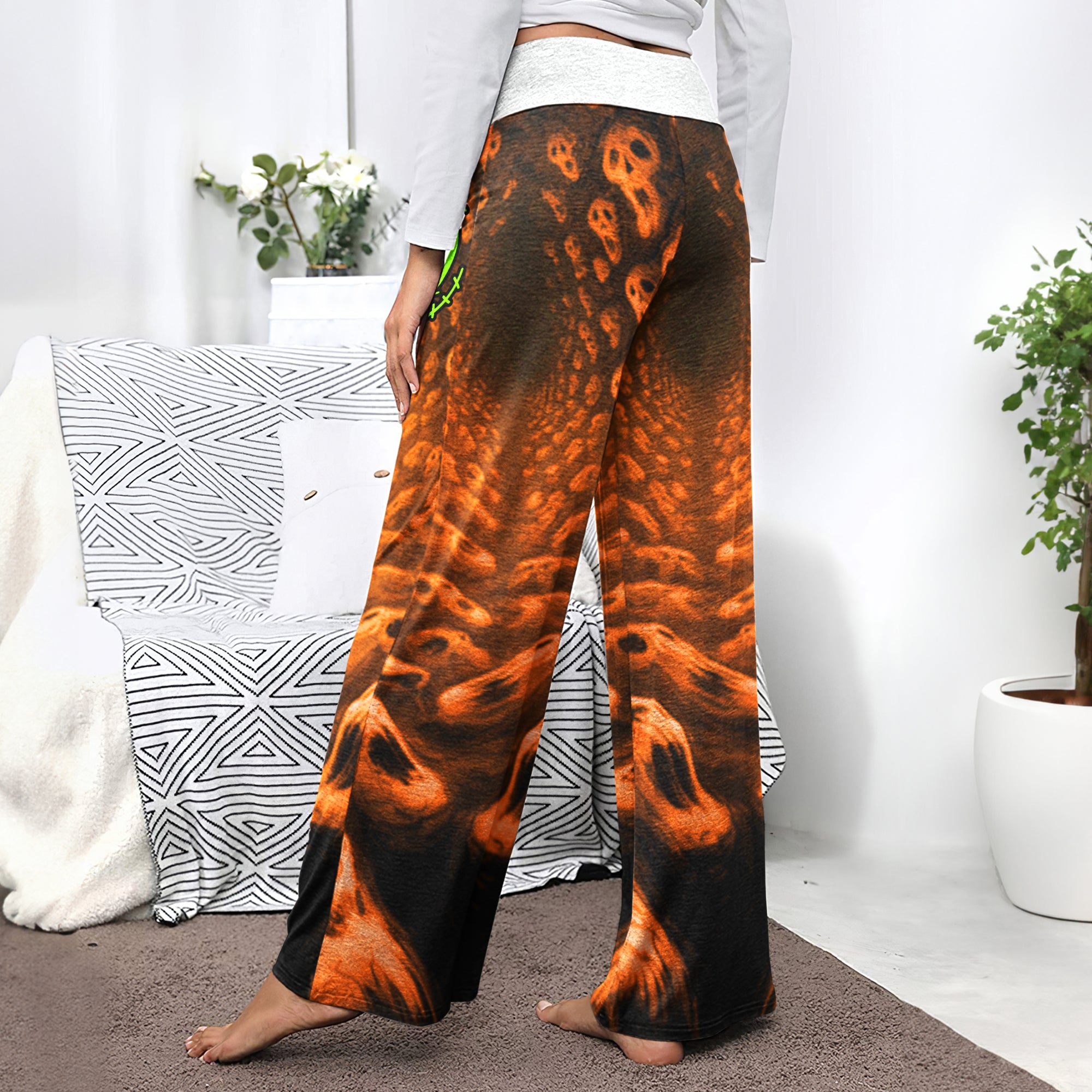 Infinite Orange Skull Art Women's High-waisted Wide Leg Pants