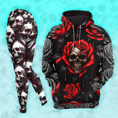 Women Hoodie and Leggings, Gothic Bleeding Rose Skull Outwear Pants Outfit