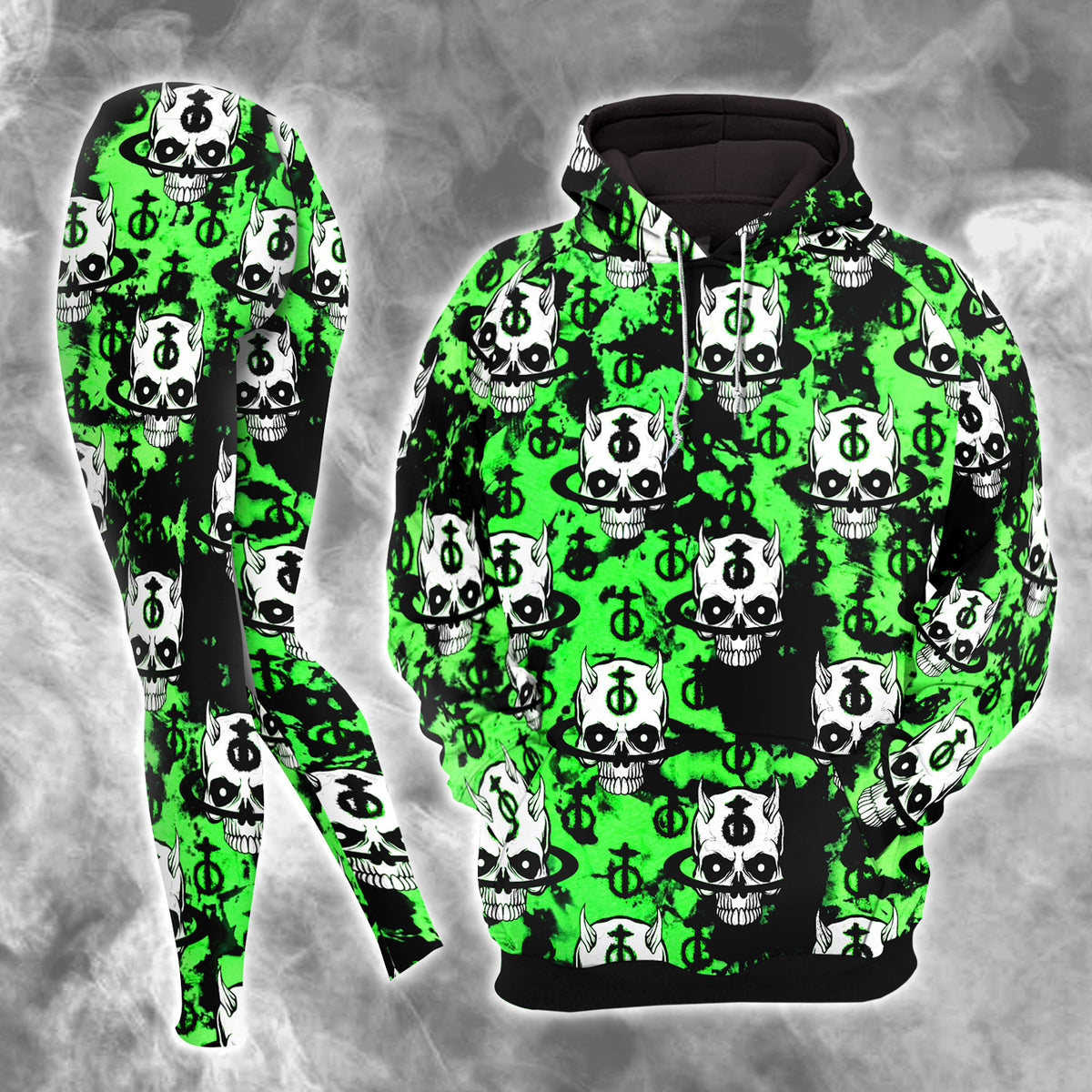 Dark Green Skull Devil Combo Hoodie and Leggings - Dark and edgy matching set with skull designs for a unique and stylish look