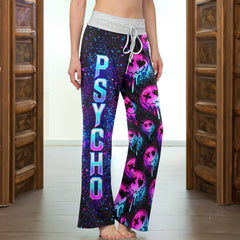 Neon Meltdown Skull Pattern Women's High-waisted Wide Leg Pants