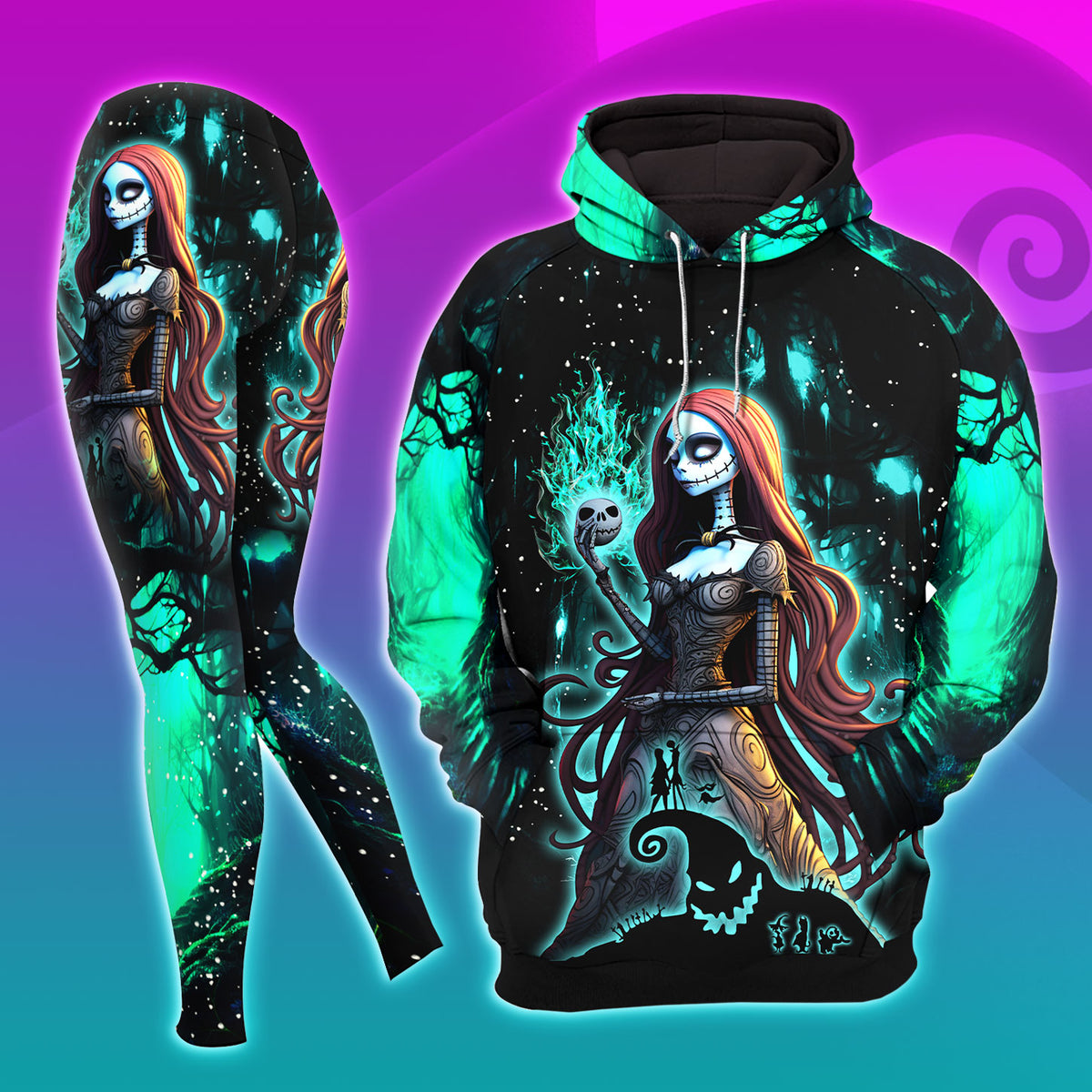 Dark Nightmare Couple Art Combo Hoodie and Leggings - Dark and edgy matching set with skull designs for a unique and stylish look.