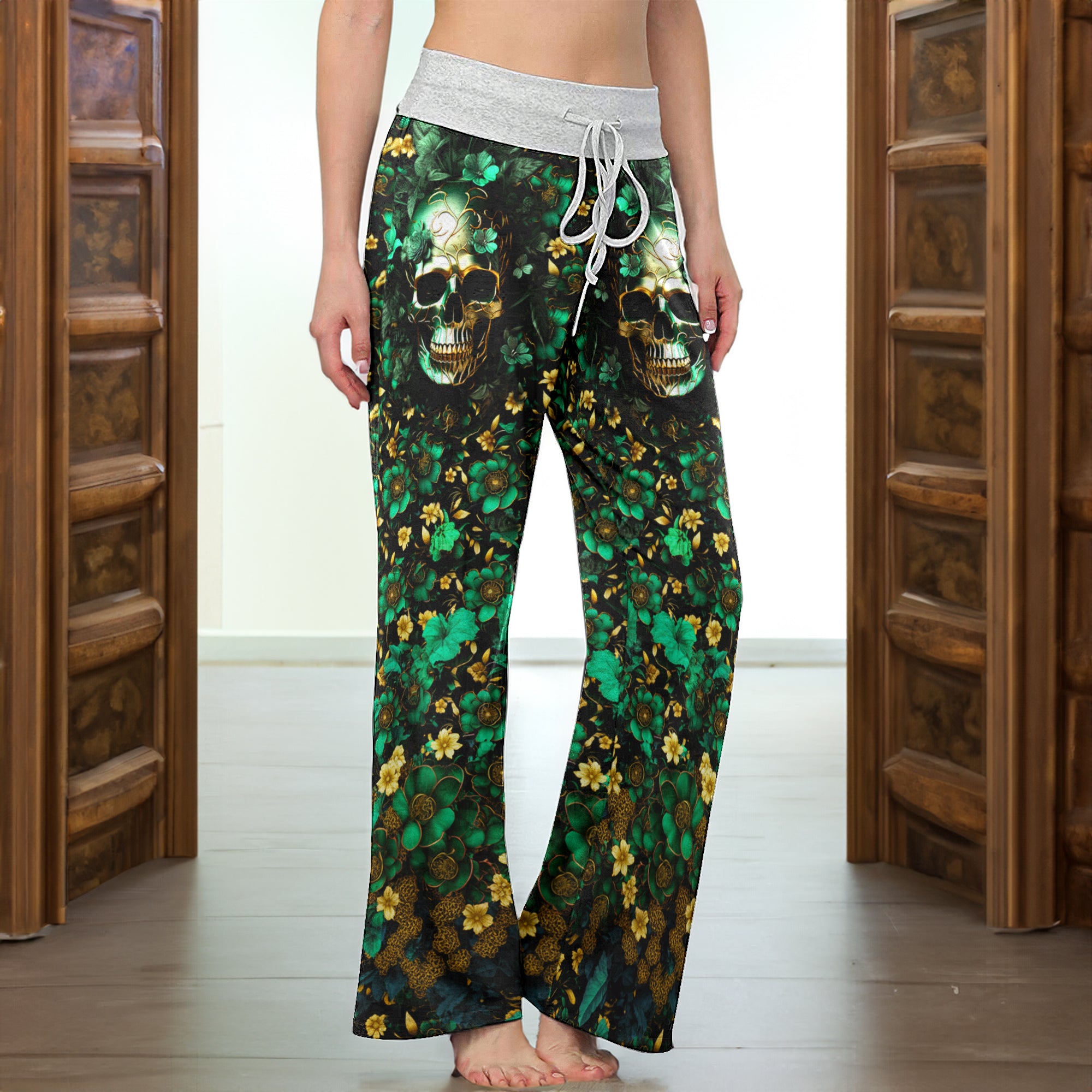 Emerald Gilded Skull Art Women's High-waisted Wide Leg Pants