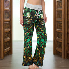 Emerald Gilded Skull Art Women's High-waisted Wide Leg Pants