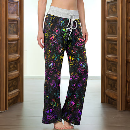 Rainbow Heart Skulls Women's High-waisted Wide Leg Pants
