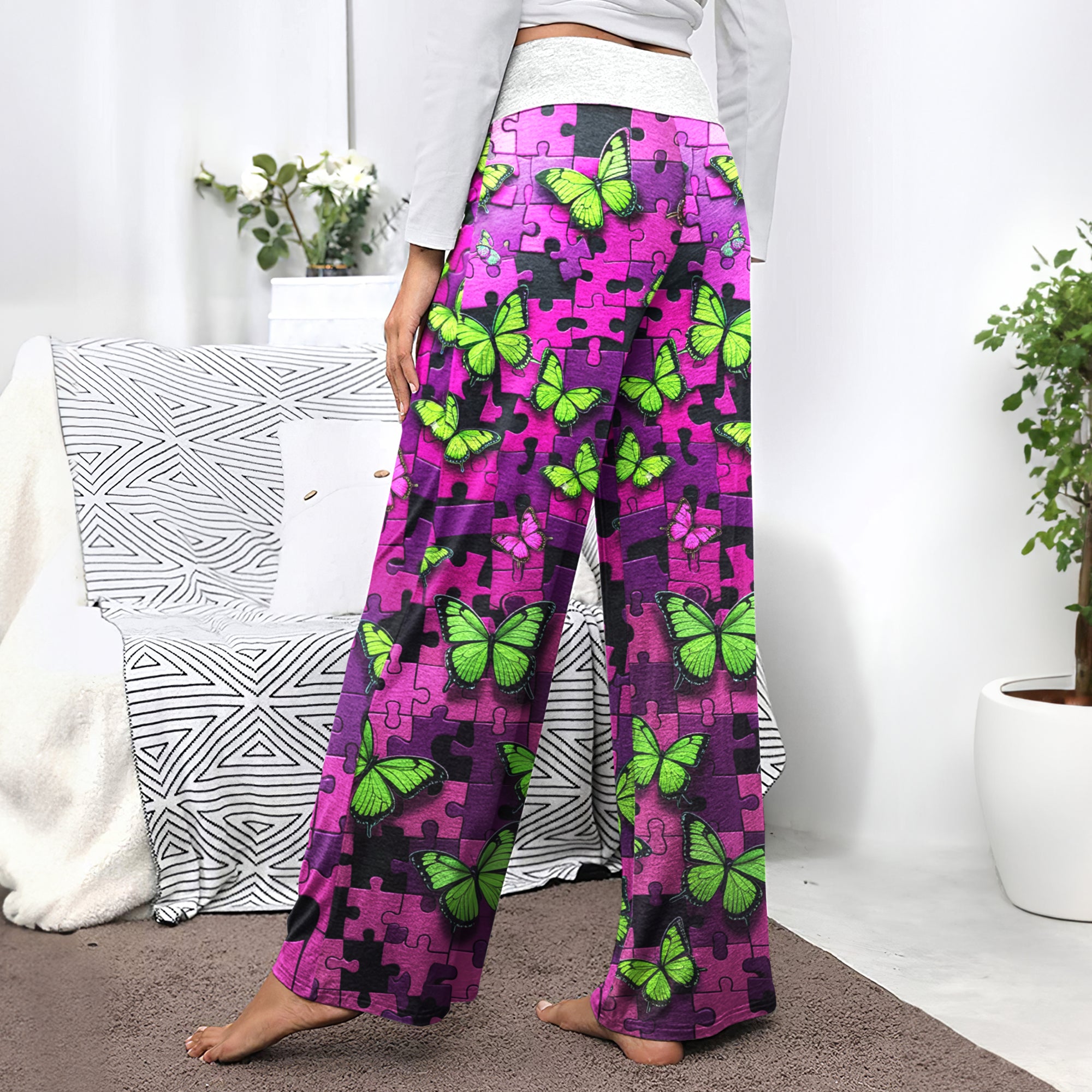 Neon Enigma Skull Butterfly Women's High-waisted Wide Leg Pants