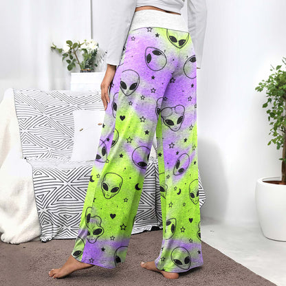 Neon Acid Alien Pattern Women's High-waisted Wide Leg Pants