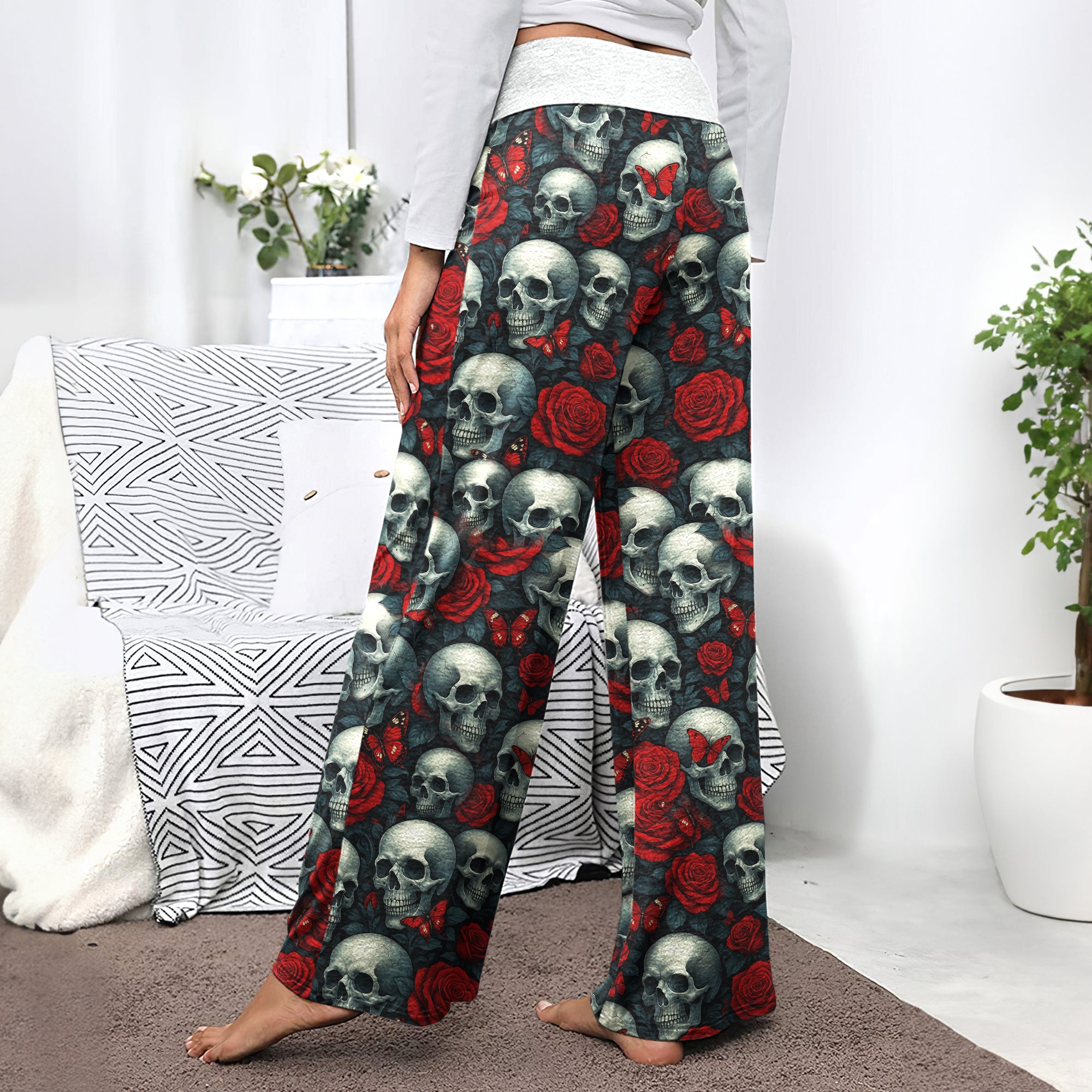 Skull Rose Gothic Seamless  Women's High-waisted Wide Leg Pants