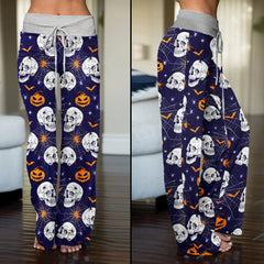 Skull Halloween Pumpkin Bat Women's High-waisted Wide Leg Pants | Wonder Skull