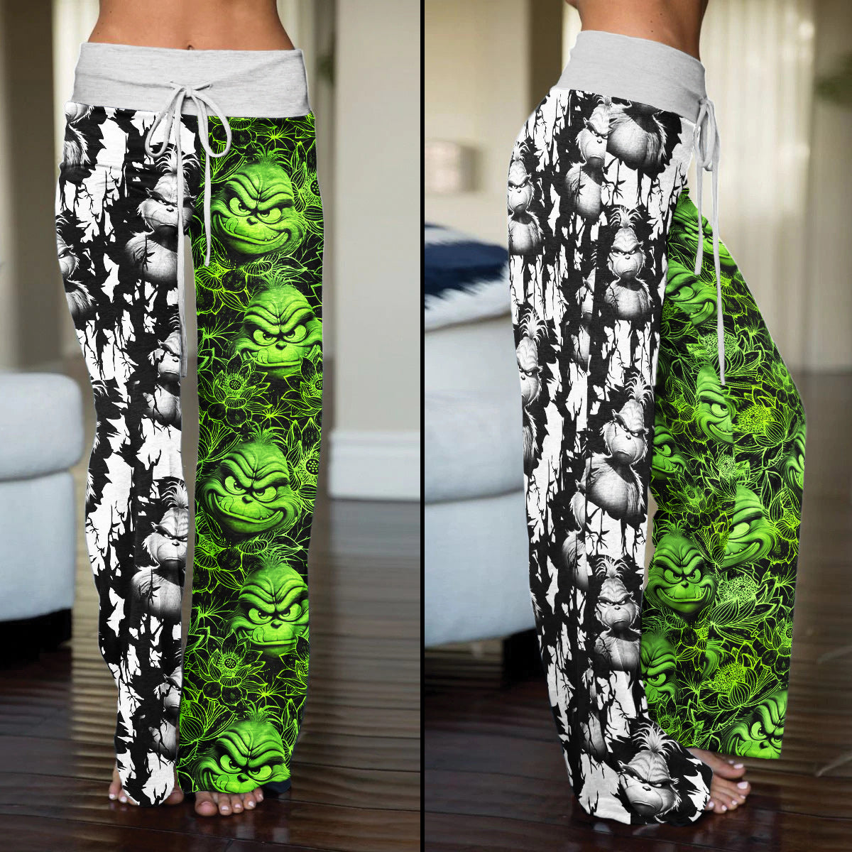 White Green Art Theme Women's High-waisted Wide Leg Pants | Wonder Skull