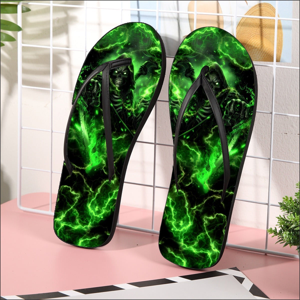 Image of a pair of beach flip flops with a sleek design, featuring a comfortable yoga mat footbed, non-slip sole, and water-friendly materials. Perfect for summer outings, beach walks, and casual occasions.