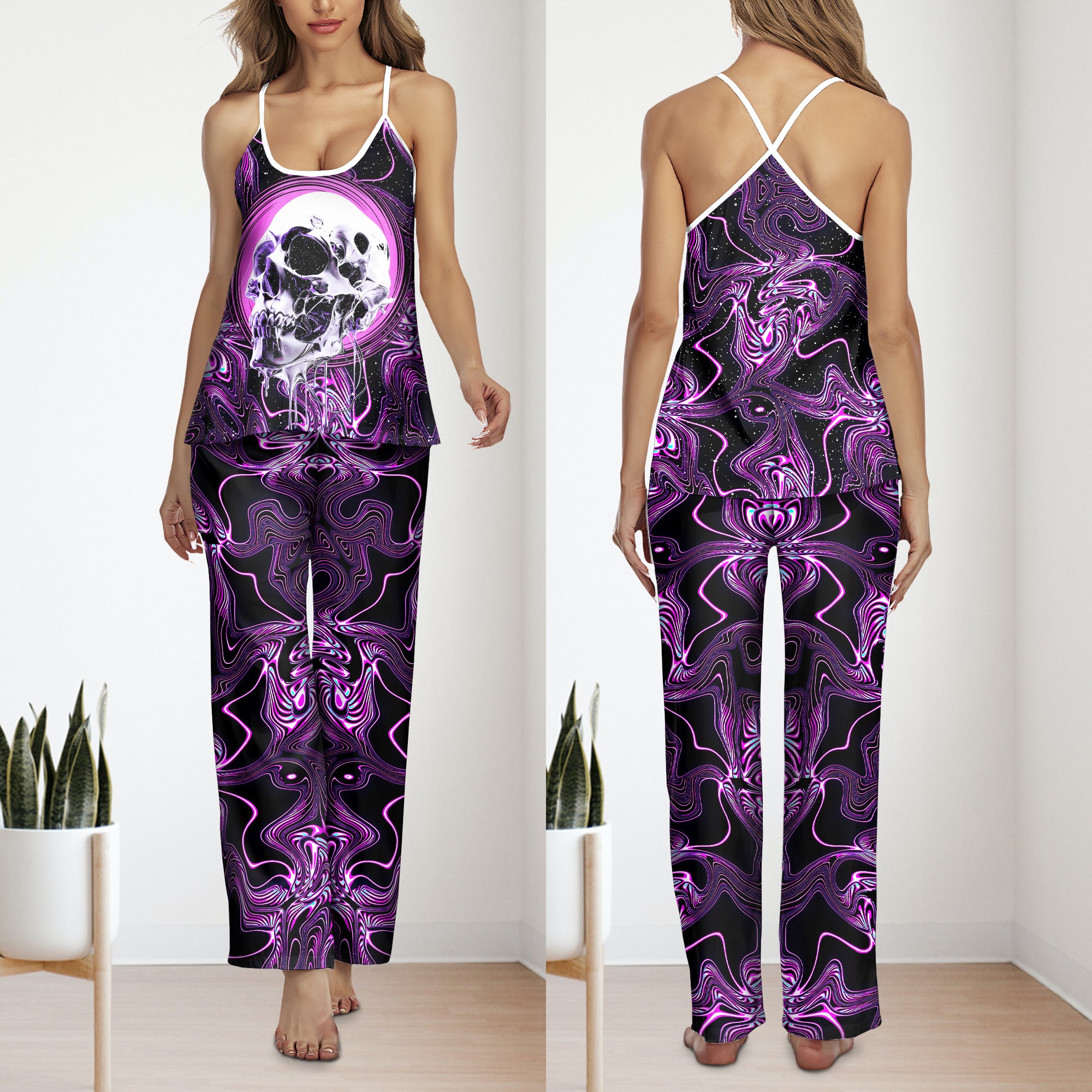 Purple Skull Silver Melt Cami Pajamas Sets For Women Sleepwears Combo - Wonder Skull