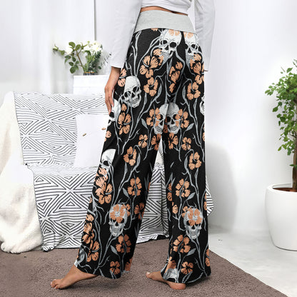 Pastel Skull Flower Pattern Women's High-waisted Wide Leg Pants
