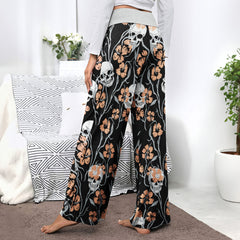 Pastel Skull Flower Pattern Women's High-waisted Wide Leg Pants