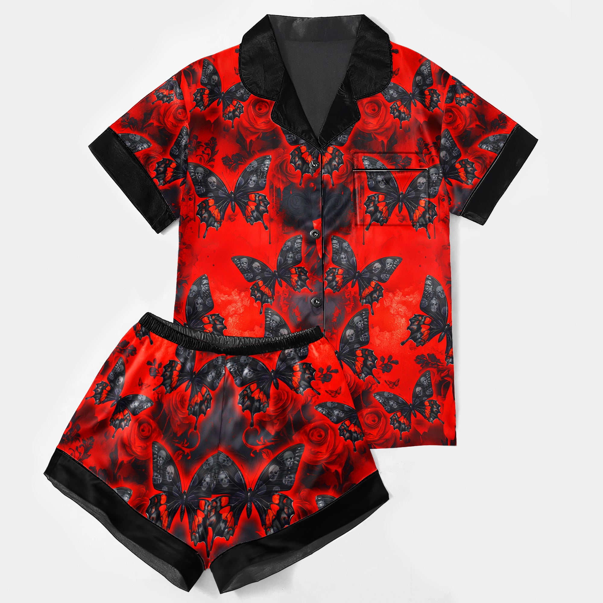 Butterfly Skull Red Pattern Women's Pajama Sets Top Sleeve & Short Bottom