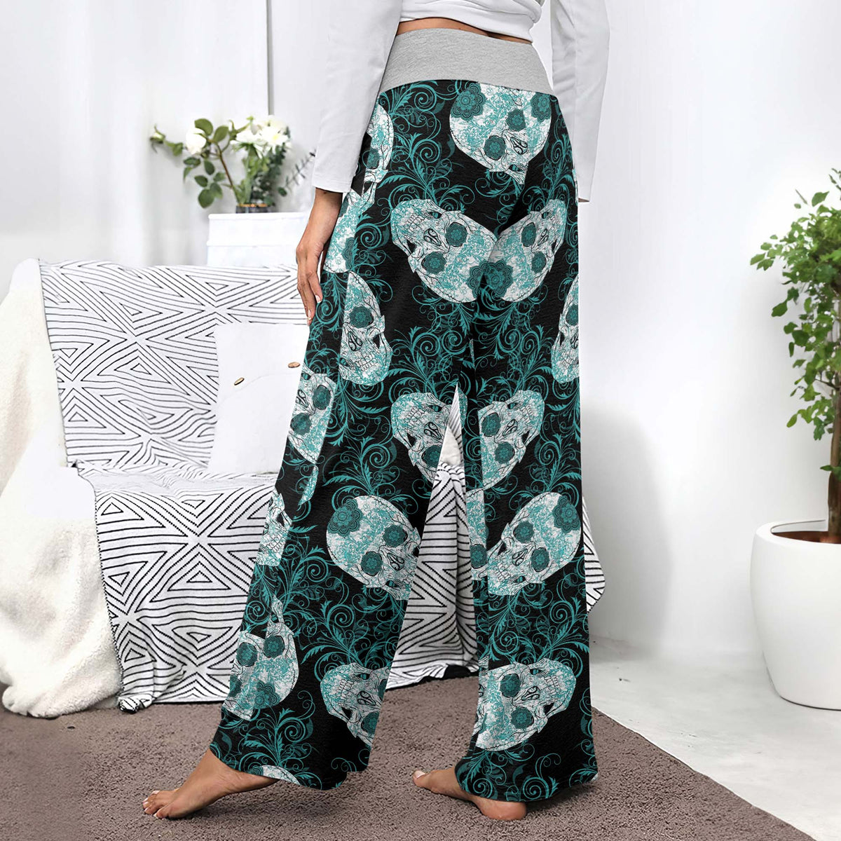Gothic Teal Rose Skulls Women's High-waisted Wide Leg Pants
