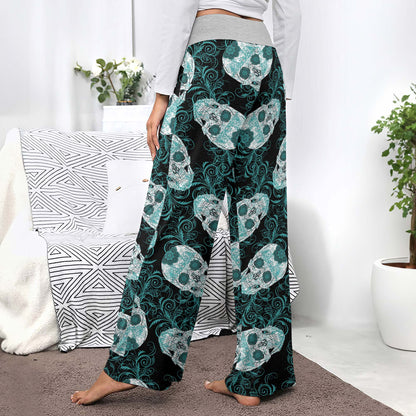 Gothic Teal Rose Skulls Women's High-waisted Wide Leg Pants