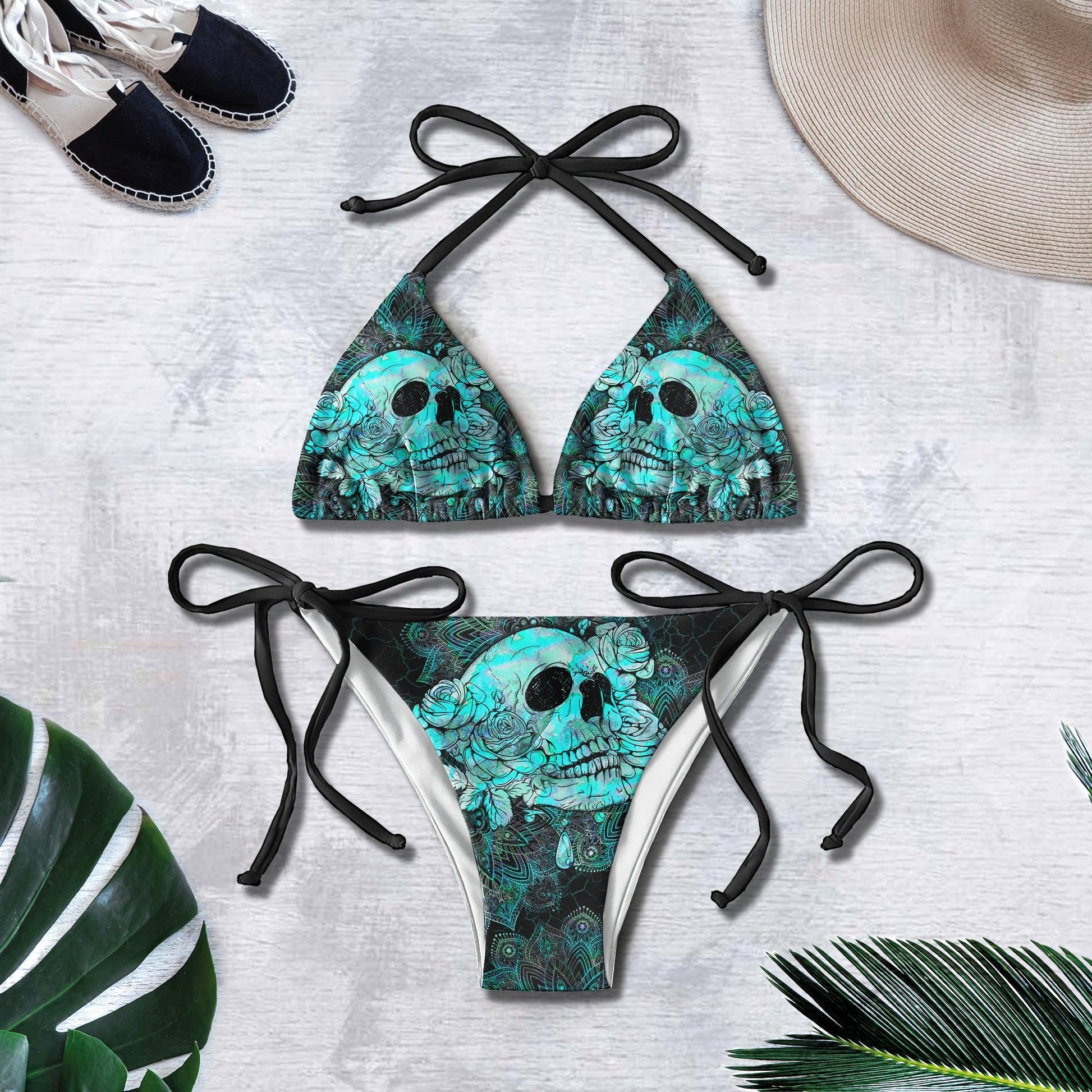 Blue Ocean Green Skull Gothic Micro Triangle Bikini Swimsuit - Wonder Skull