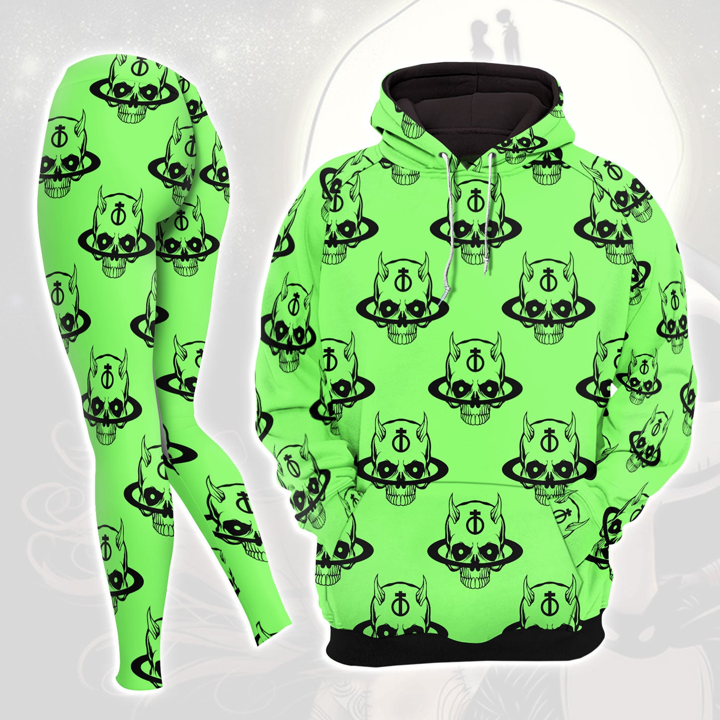 Green Baby Skull Pattern Combo Hoodie and Leggings - Dark and edgy matching set with skull designs for a unique and stylish look