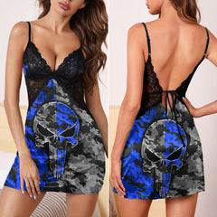 Blue Camo Skull Art & Punkrock Women's Sleepwear | Lace Cami Dress Nightgowns