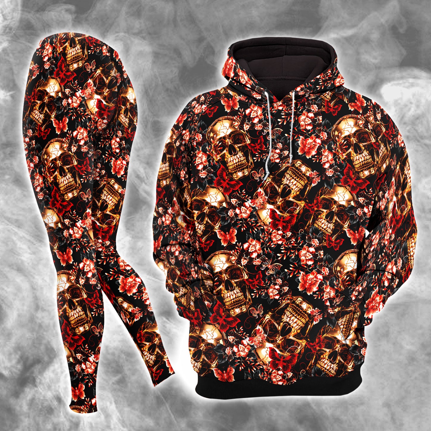 Skull Gold Abstract Art Combo Hoodie and Leggings - Dark and edgy matching set with skull designs for a unique and stylish look.