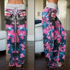 Pink Flower Skull Abstract Women's High-waisted Wide Leg Pants | Wonder Skull