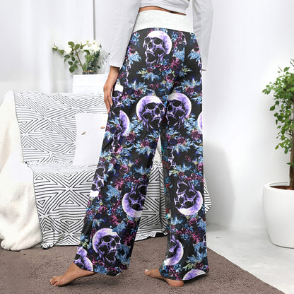 Violet Grunge Floral Skull Women's High-waisted Wide Leg Pants