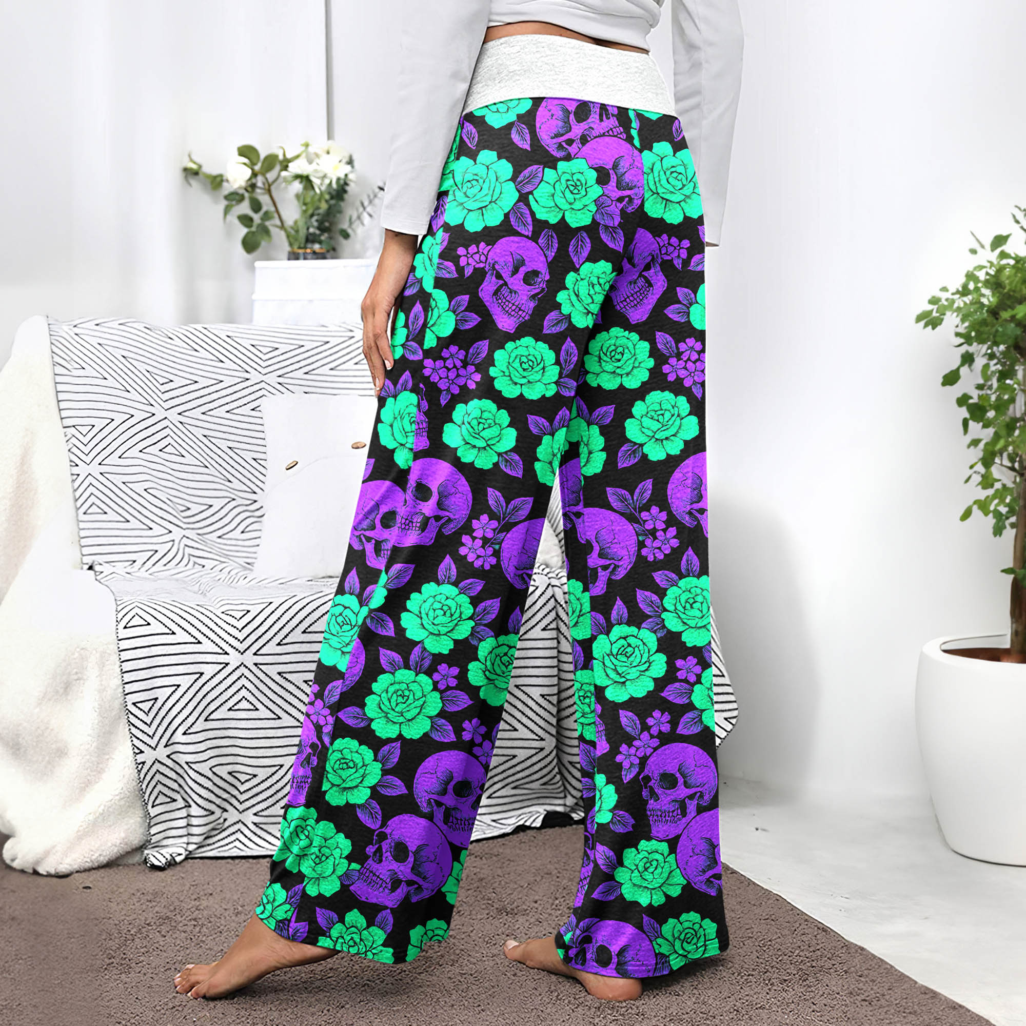 Neon Glowing Skulls Roses Women's High-waisted Wide Leg Pants
