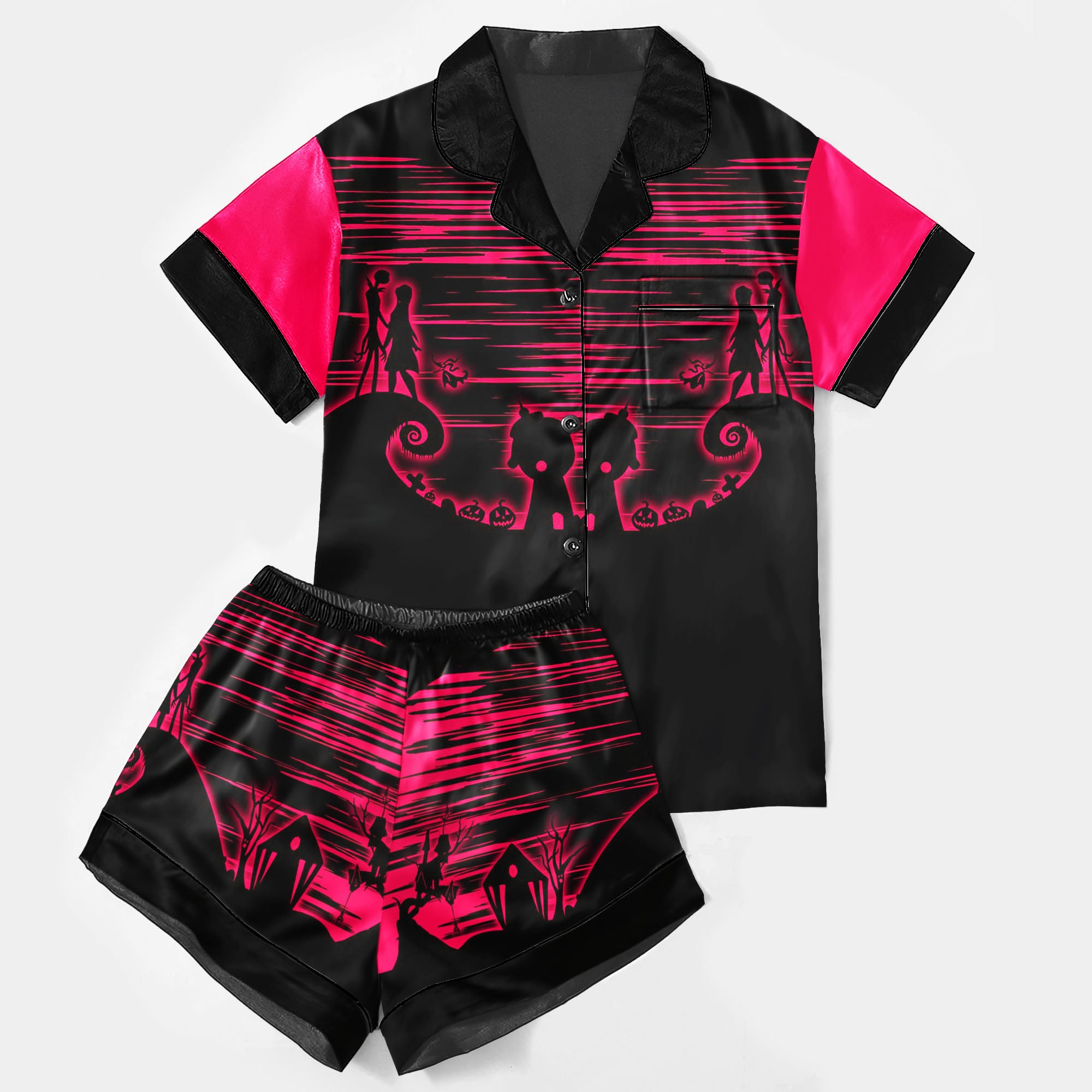 Pink Cartoon Art Women's Pajama Sets Top Sleeve & Short Bottom
