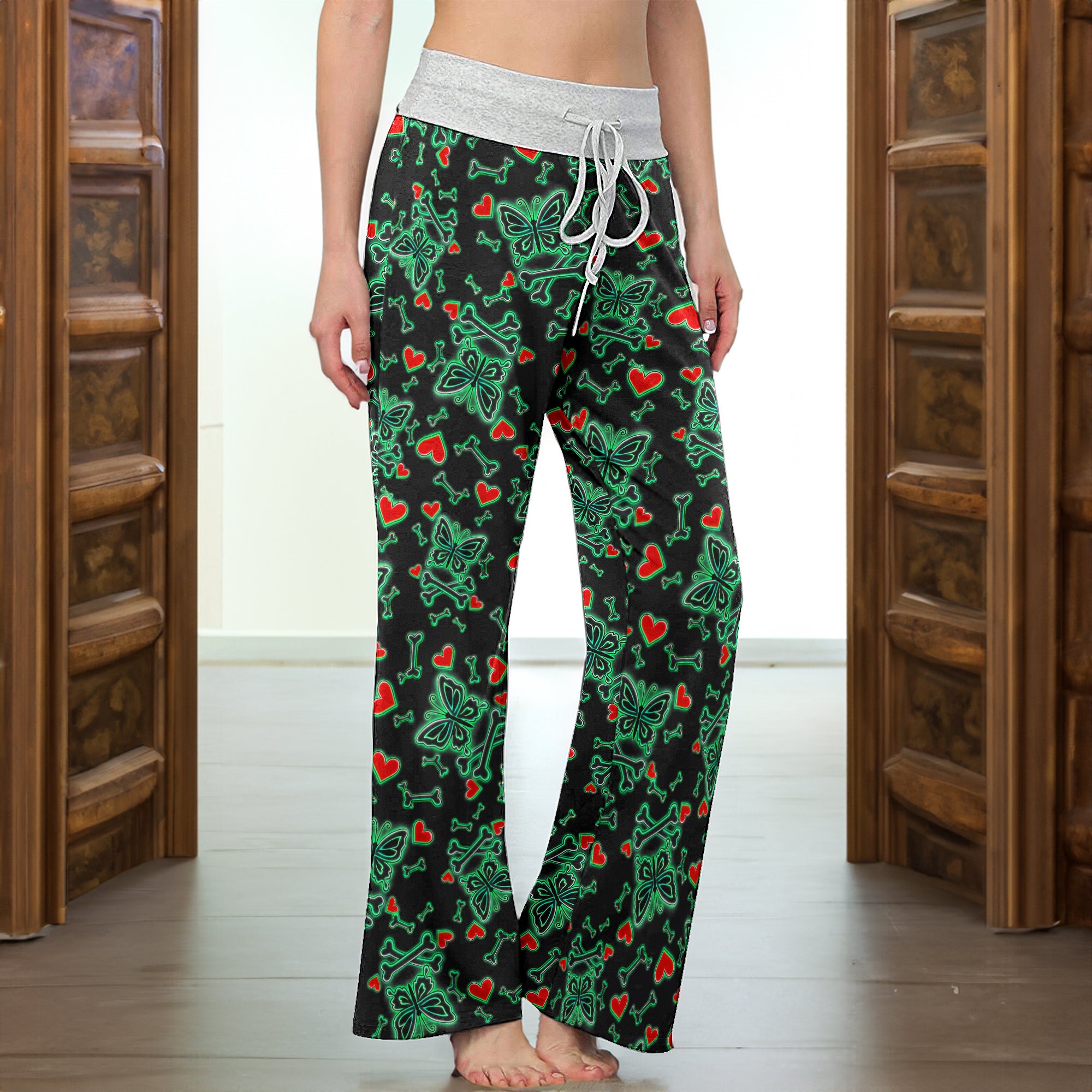 Midnight Glow Skulls Butterfly Women's High-waisted Wide Leg Pants