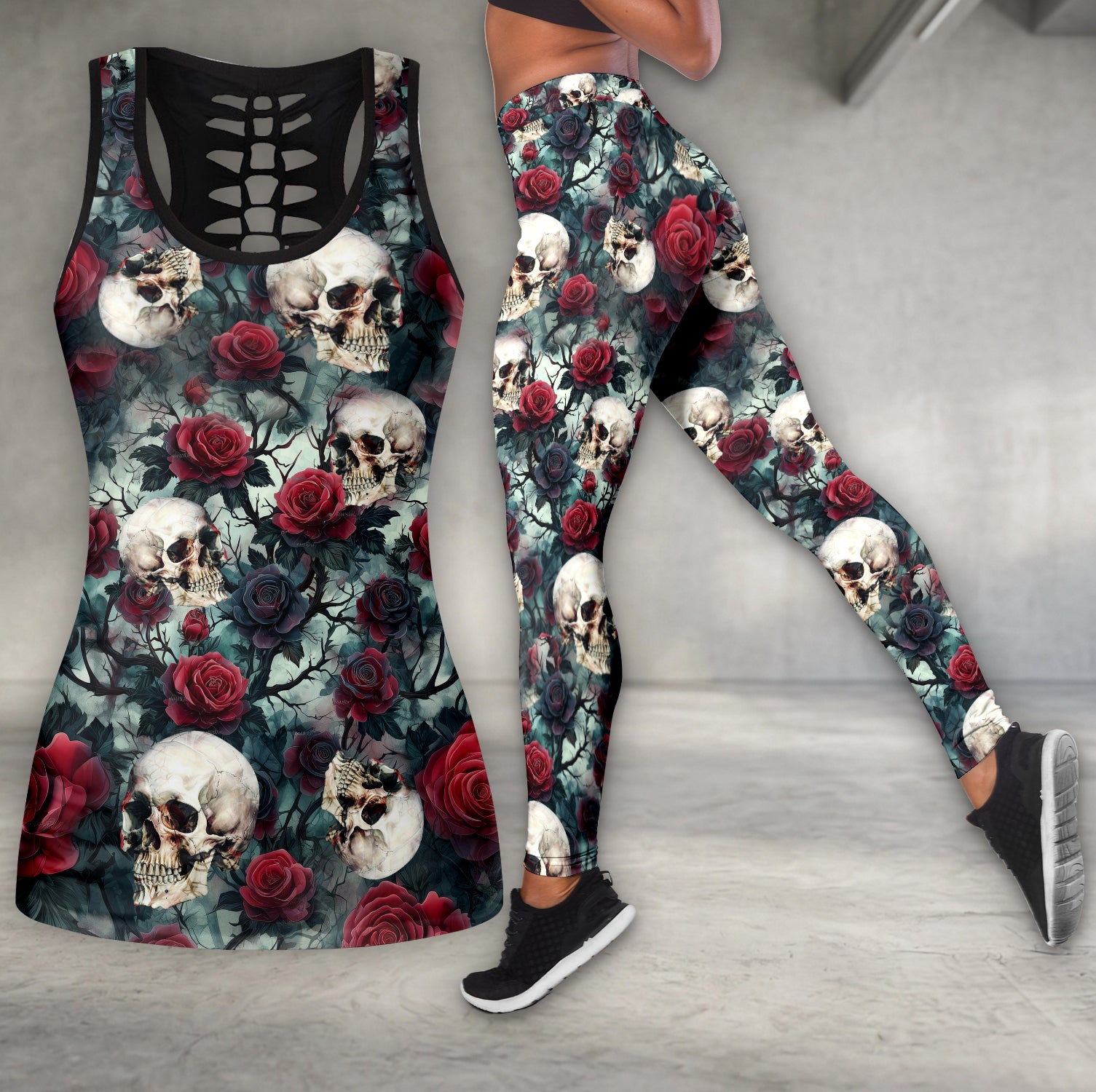 Vintage Skull Rose Art Tanktop and Leggings