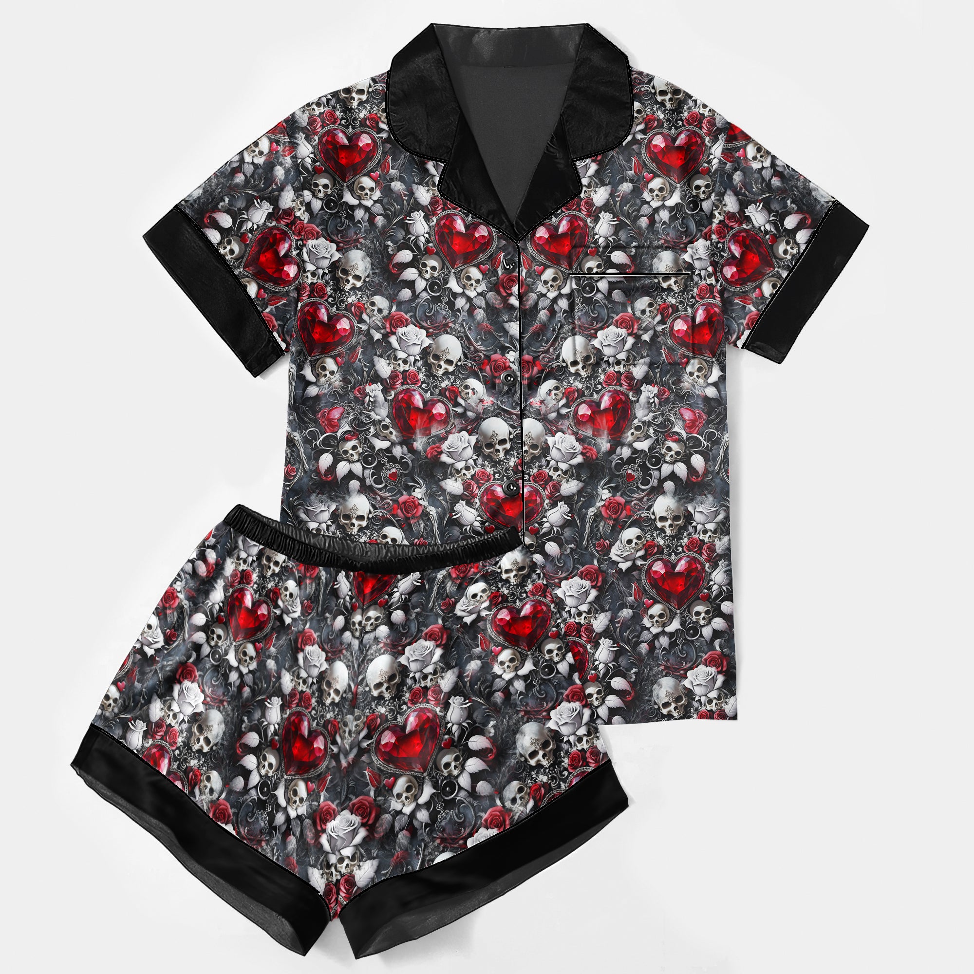 Skull Diamond Rose Pattern Women's Pajama Sets Top Sleeve & Short Bottom