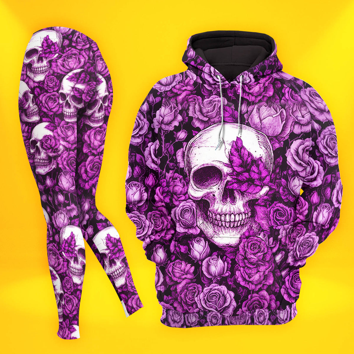 Women Hoodie and Leggings, Violet Gothic Skull Rose Outwear Pants Outfit