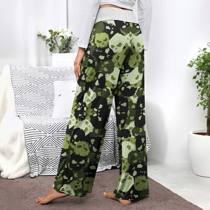 Green Skull Camo Pattern Women's High-waisted Wide Leg Pants