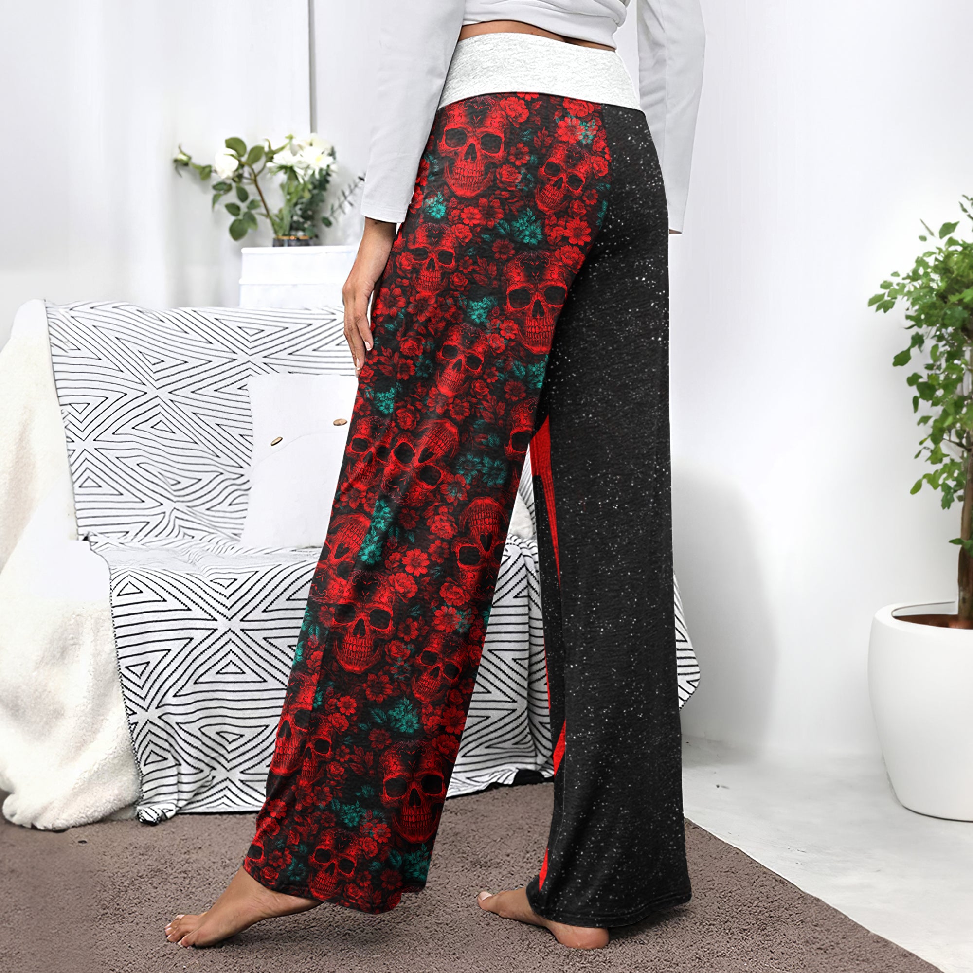 Red Skeleton Flower Art Women's High-waisted Wide Leg Pants