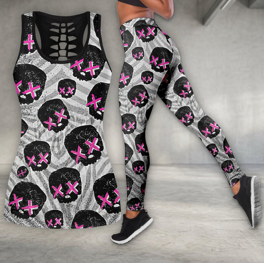Pink Glitch Skulls Pattern Tanktop and Leggings