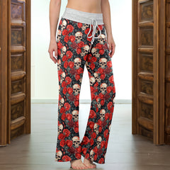 Blood Red Skull Bloom Women's High-waisted Wide Leg Pants