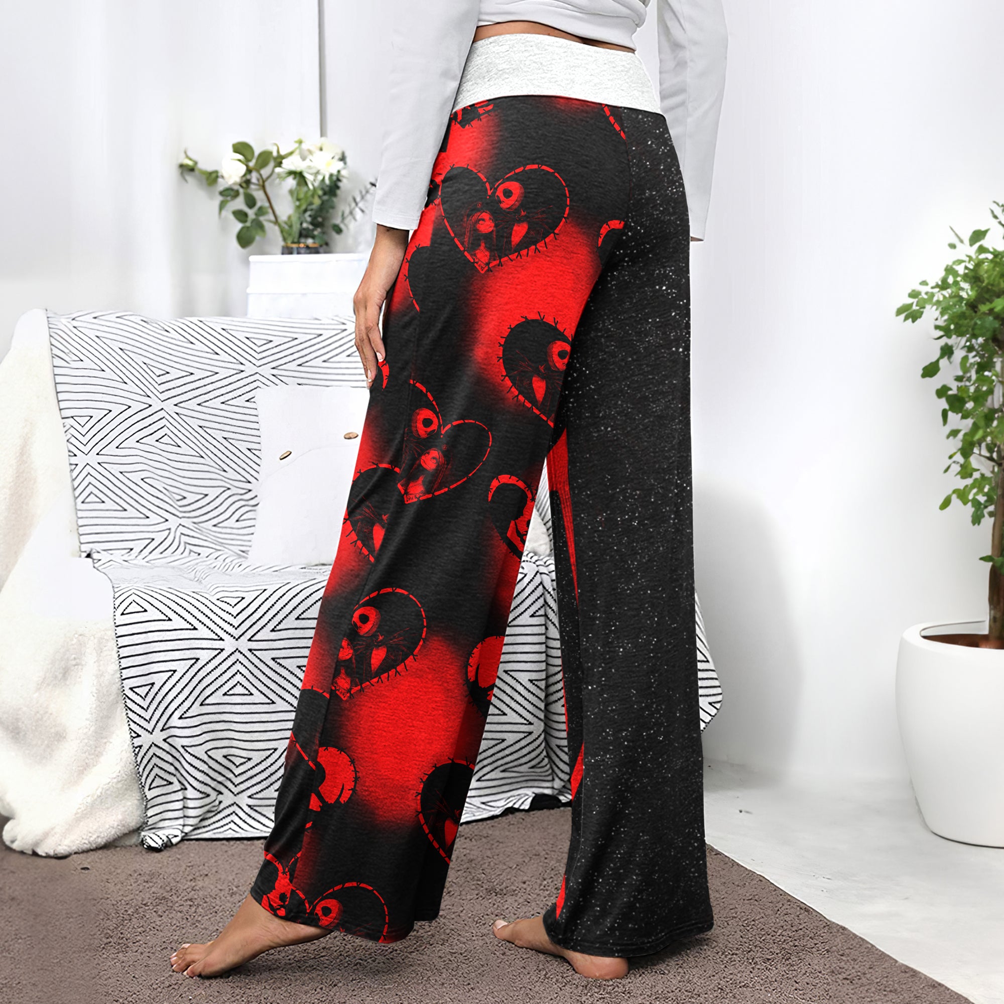 Red Skeleton Couple Art Women's High-waisted Wide Leg Pants