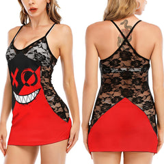 Psycho Two Block Color Emo Skull Black Lace Sleepwears Babydol Dresses - Wonder Skull