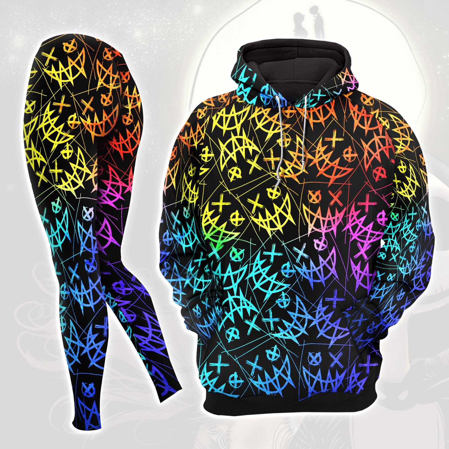 Rainbow Emo Pattern Combo Hoodie and Leggings - Dark and edgy matching set with skull designs for a unique and stylish look