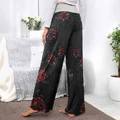 Skull Rose Dark Gothic Women's High-waisted Wide Leg Pants | Wonder Skull