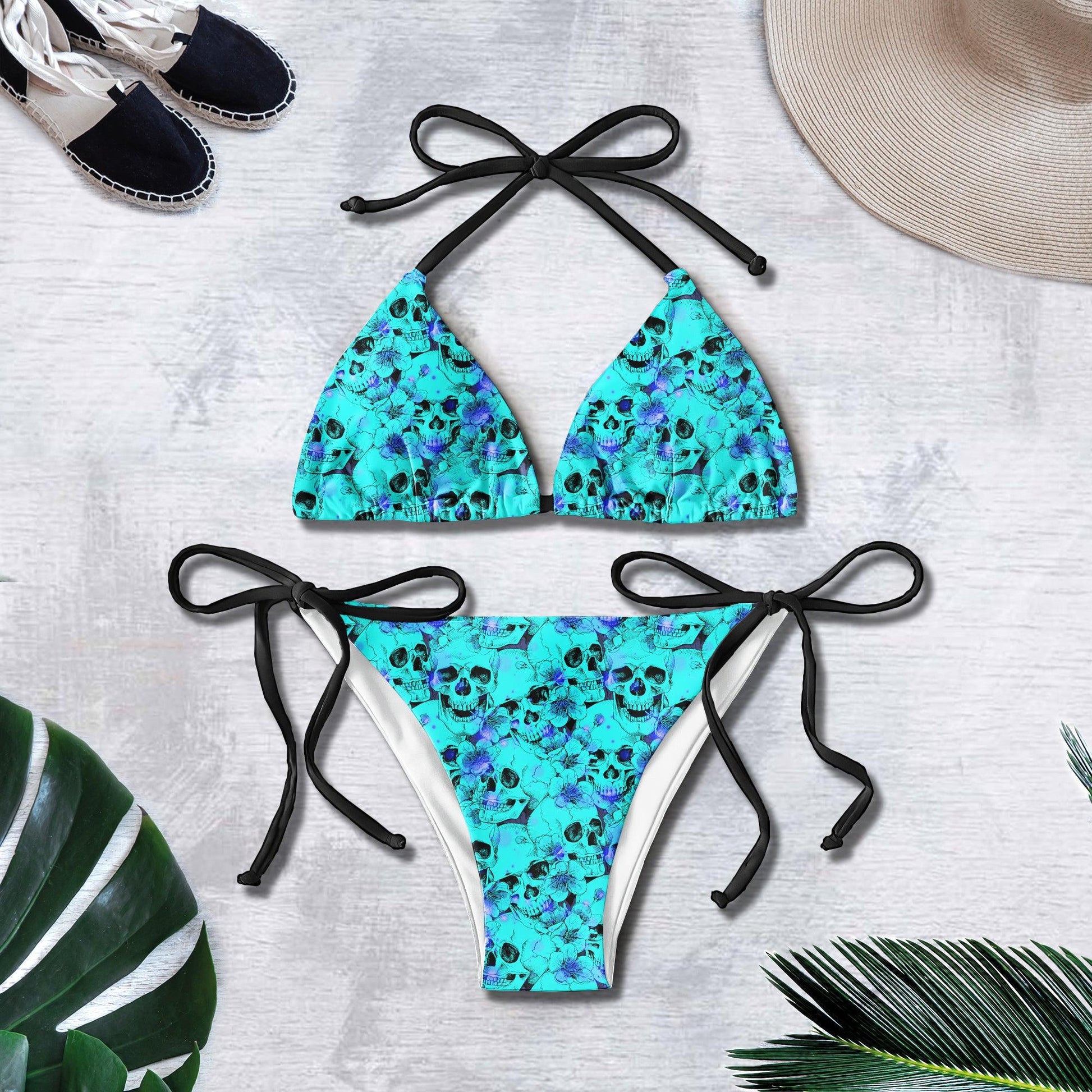 Cyan Blue Skull Pattern Micro Triangle Bikini Swimsuit - Wonder Skull