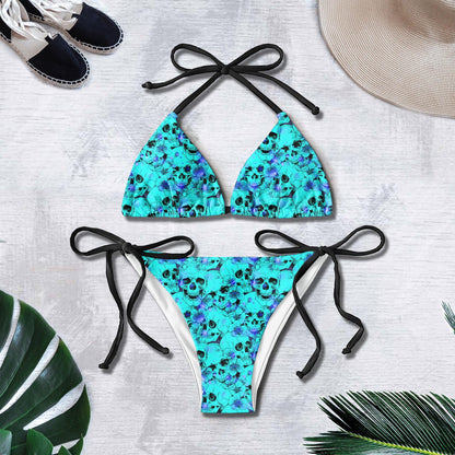 Cyan Blue Skull Pattern Micro Triangle Bikini Swimsuit - Wonder Skull
